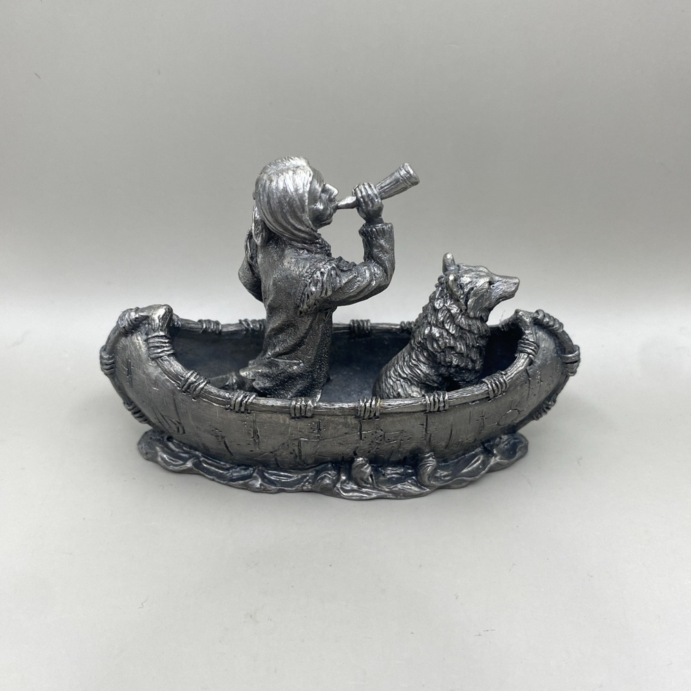 Pewter Native American Indian and Wolf Canoe Paddle Western Figurine - Picture 2 of 5
